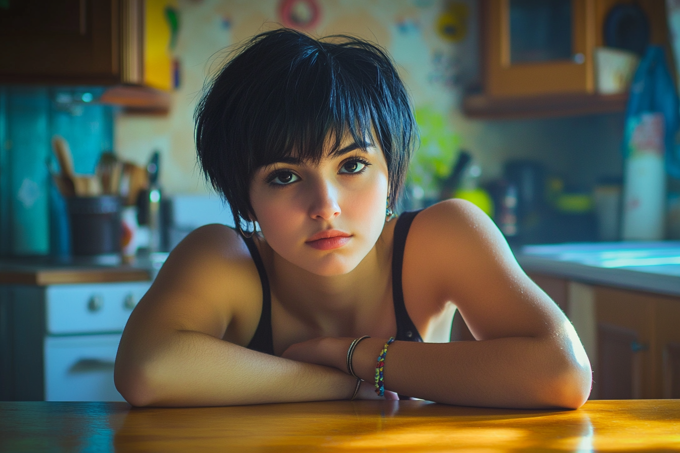 A woman staring coldly at someone in a kitchen | Source: Midjourney