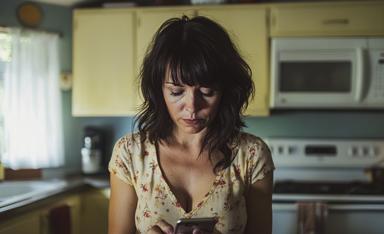 Une femme regarde son téléphone portable | Source : Midjourney