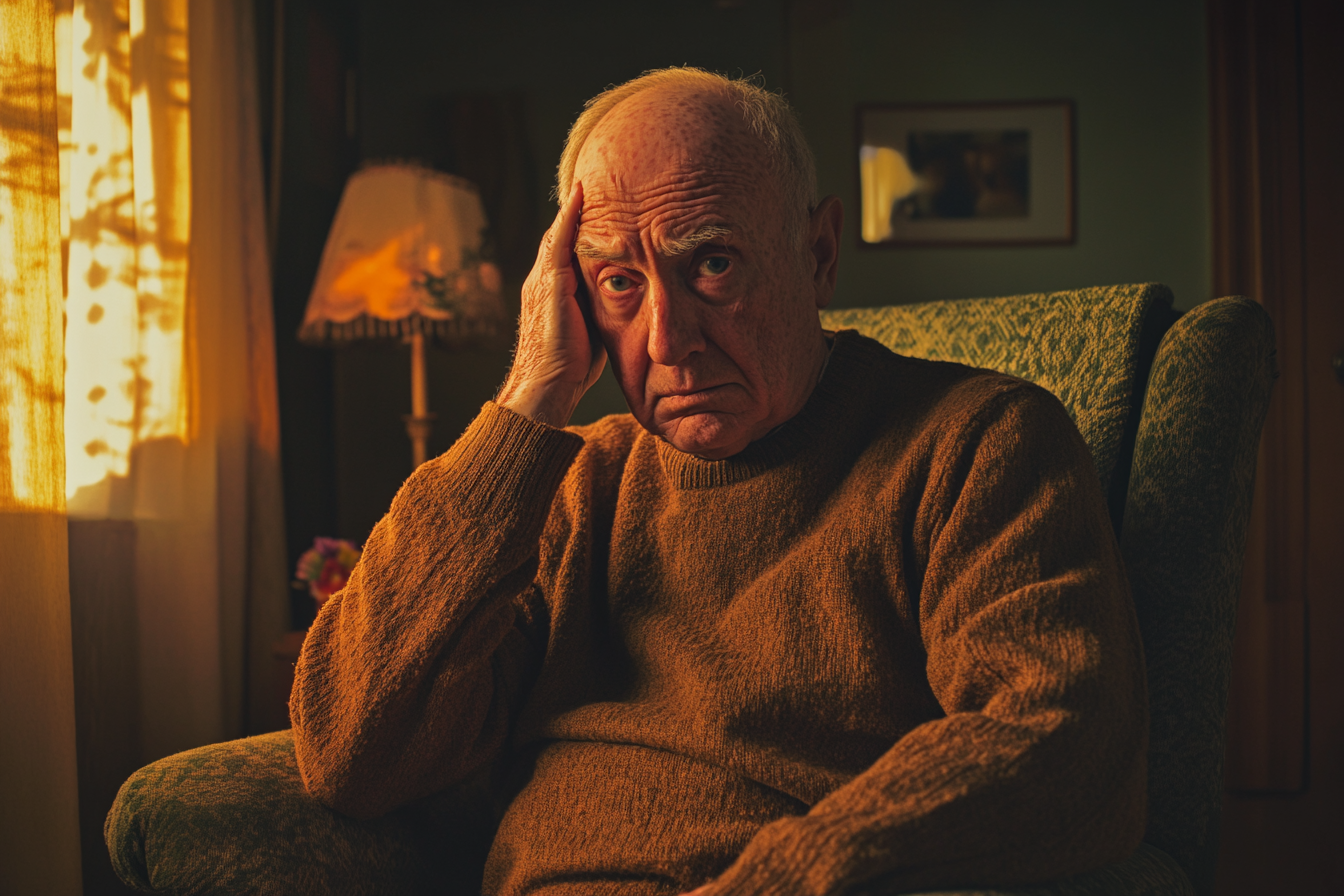 Confused sad-looking man in his 70s sitting in an armchair in a living room | Source: Midjourney