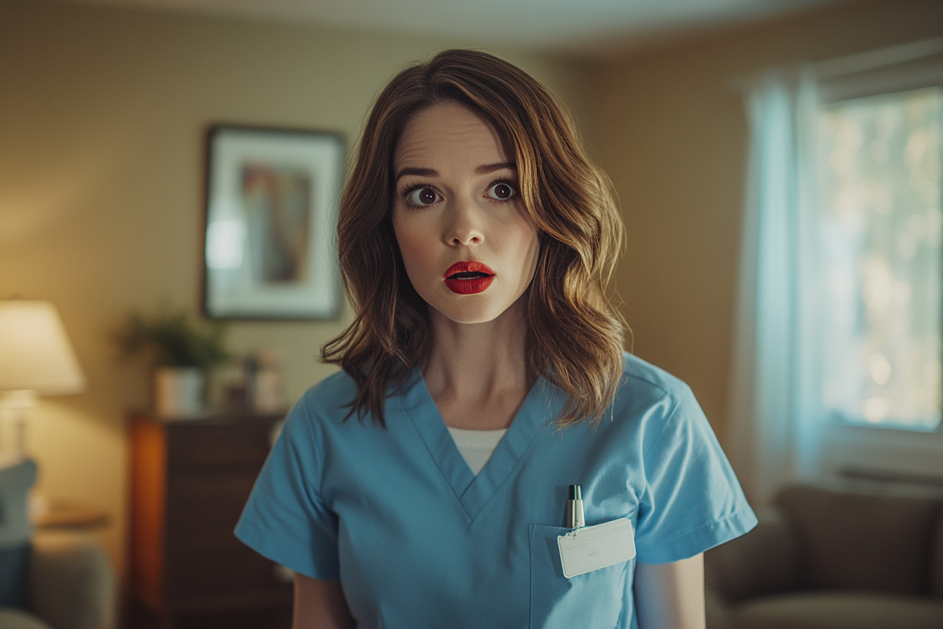 A pale, shocked woman in her 30s with red lips, wearing a caregiver's uniform, stands in a living room | Source: Midjourney