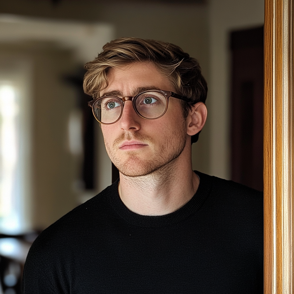 A man wearing glasses standing in a doorway | Source: Midjourney