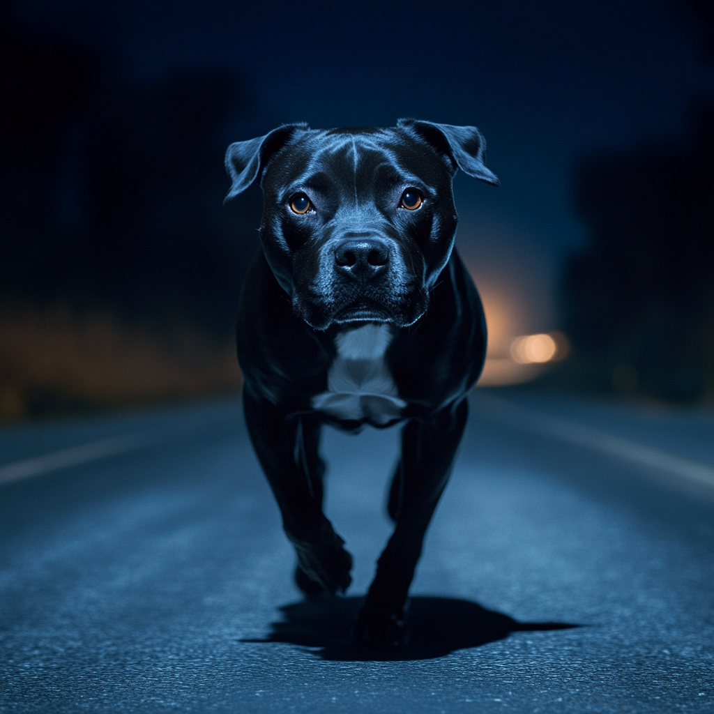 A desperate dog running on the road at night | Source: Midjourney