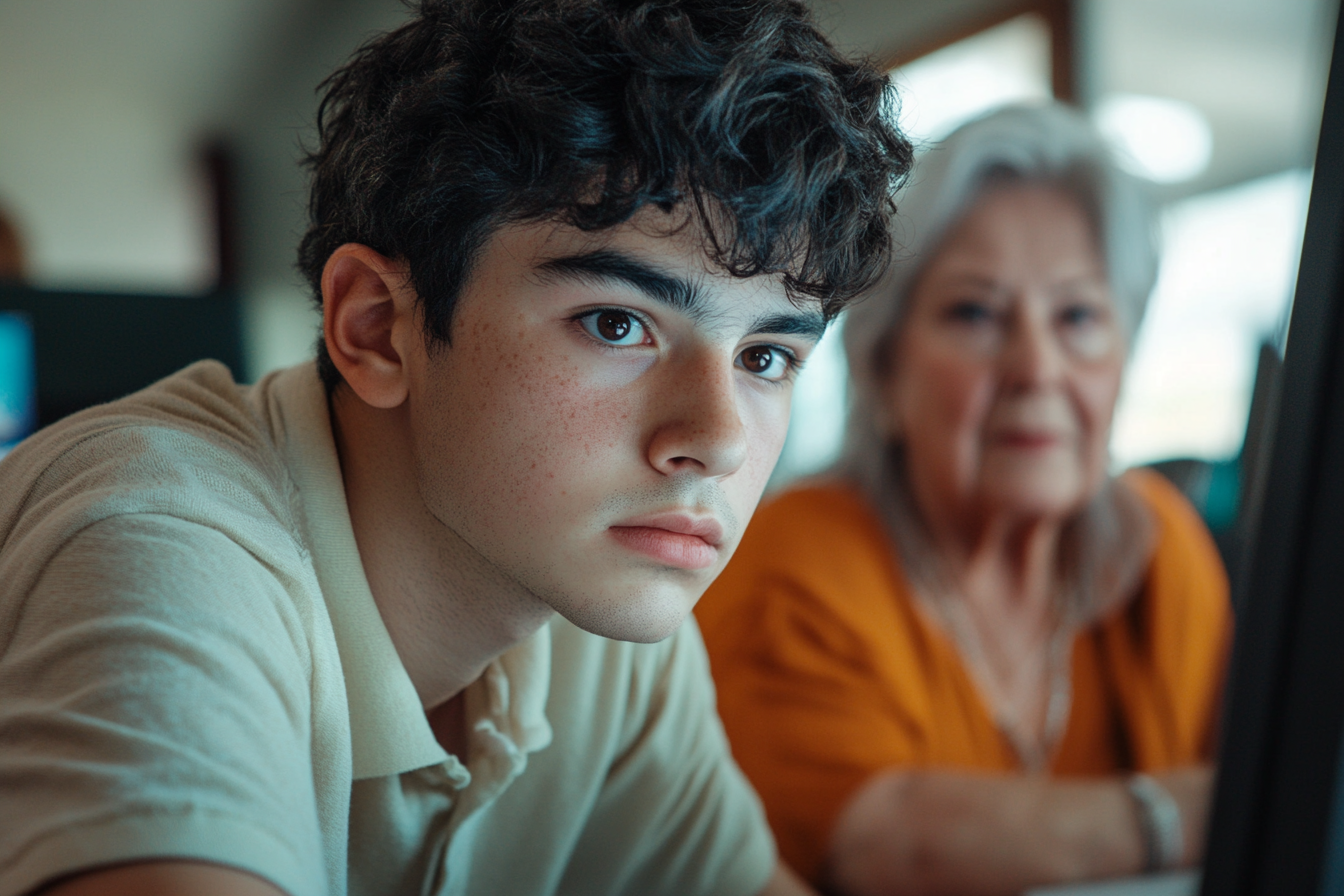 A teen using the computer while an older woman overlooks | Source: Midjourney