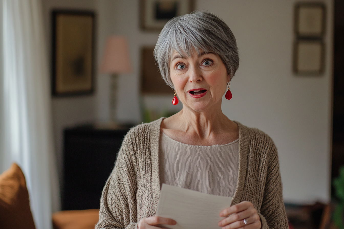 A woman in her 60s looking surprised while holding a piece of paper | Source: Midjourney