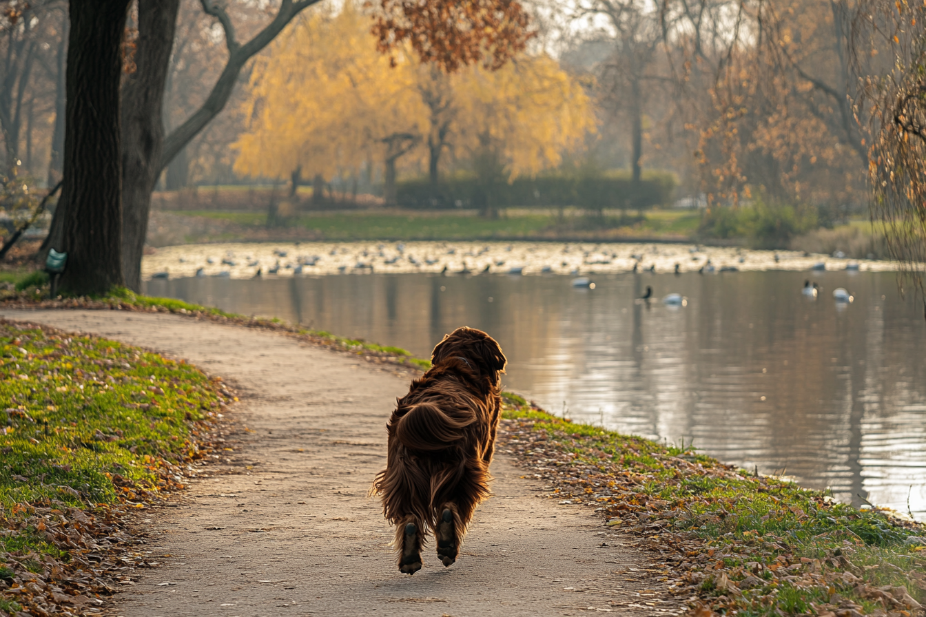 A large dog running toward a duck pond | Source: Midjourney