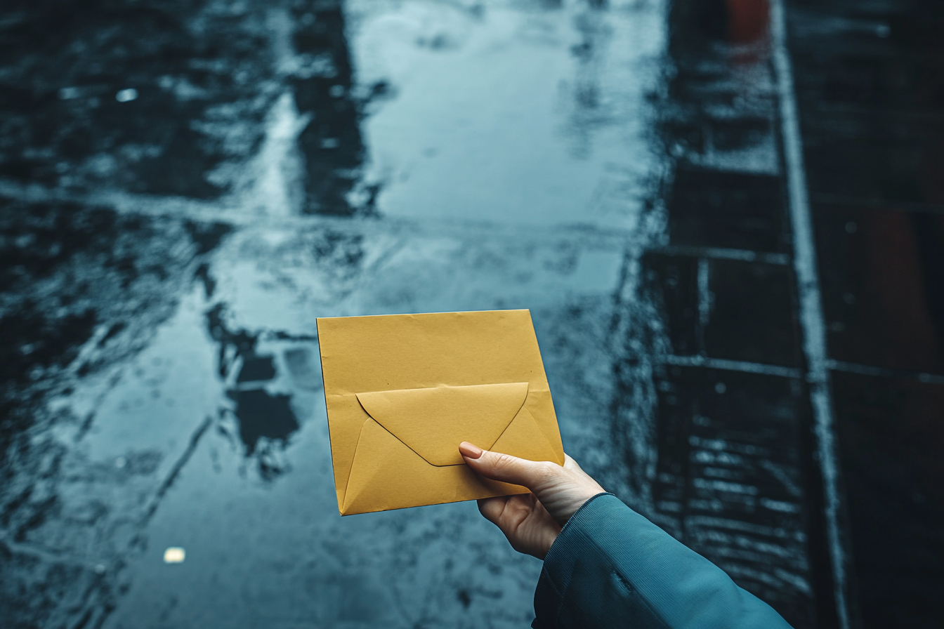 Woman's hand handing over an envelope in a rainy parking lot | Source: Midjourney