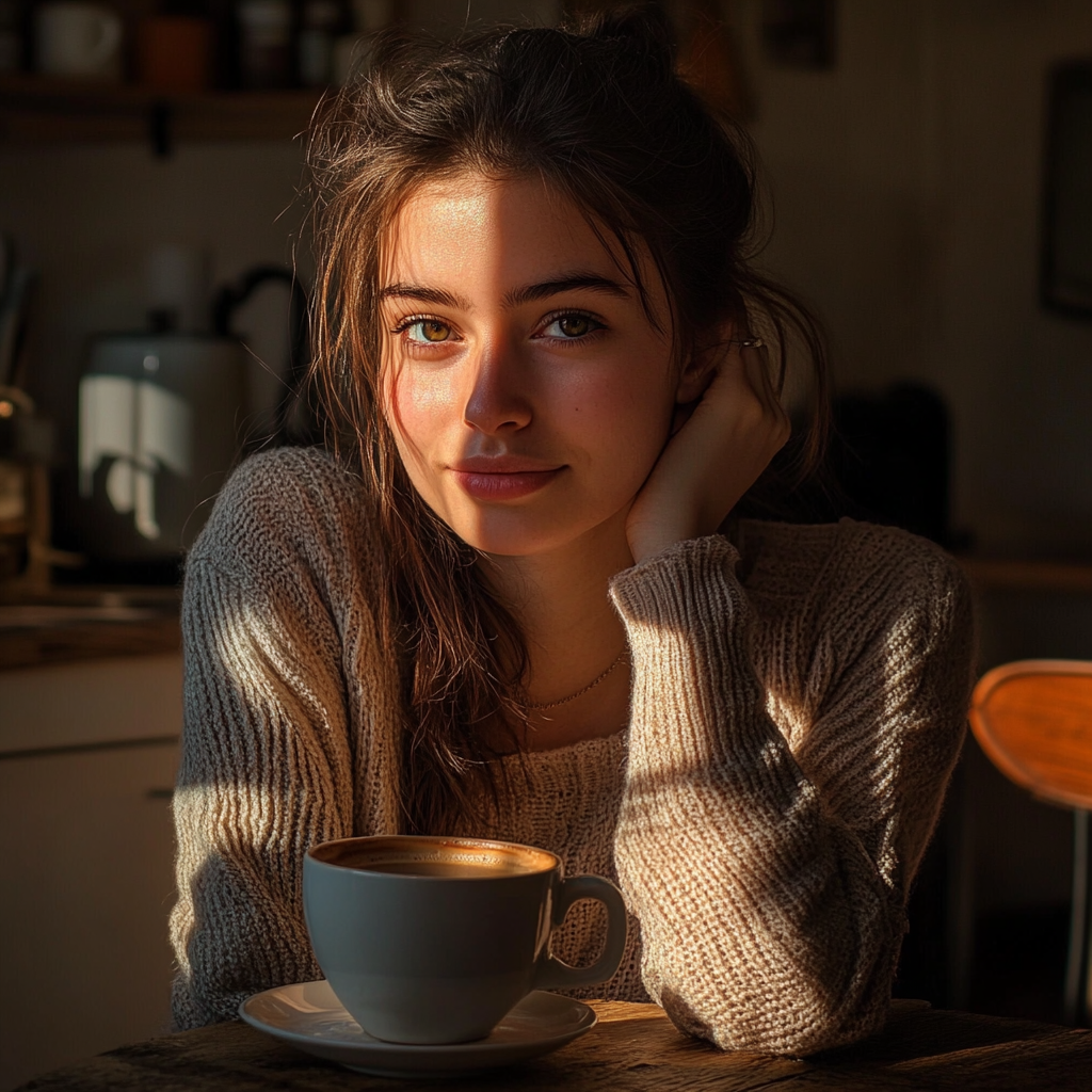 Woman smirking while having coffee | Source: Midjourney