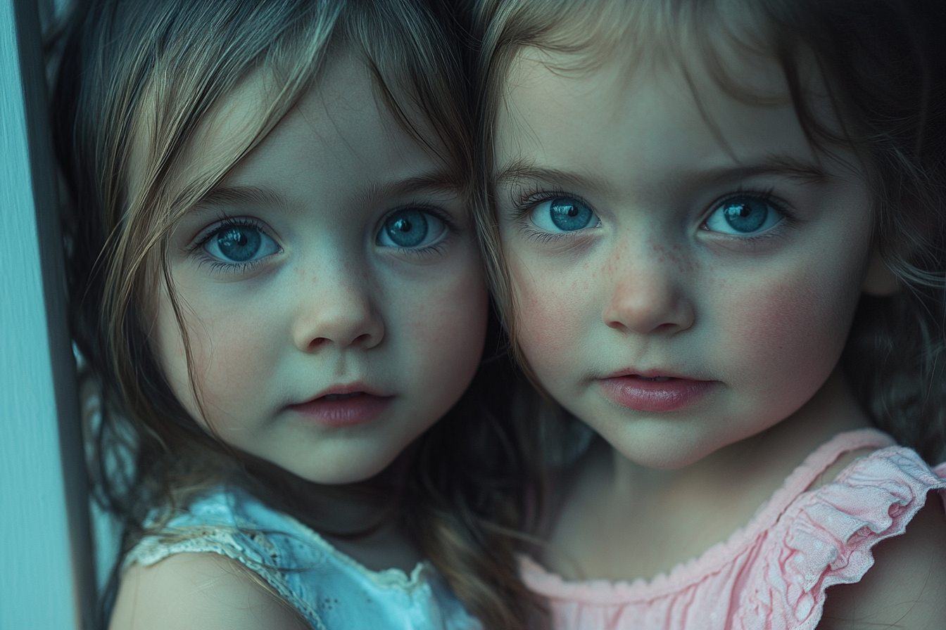 Shy twin girls on a front porch | Source: Midjourney