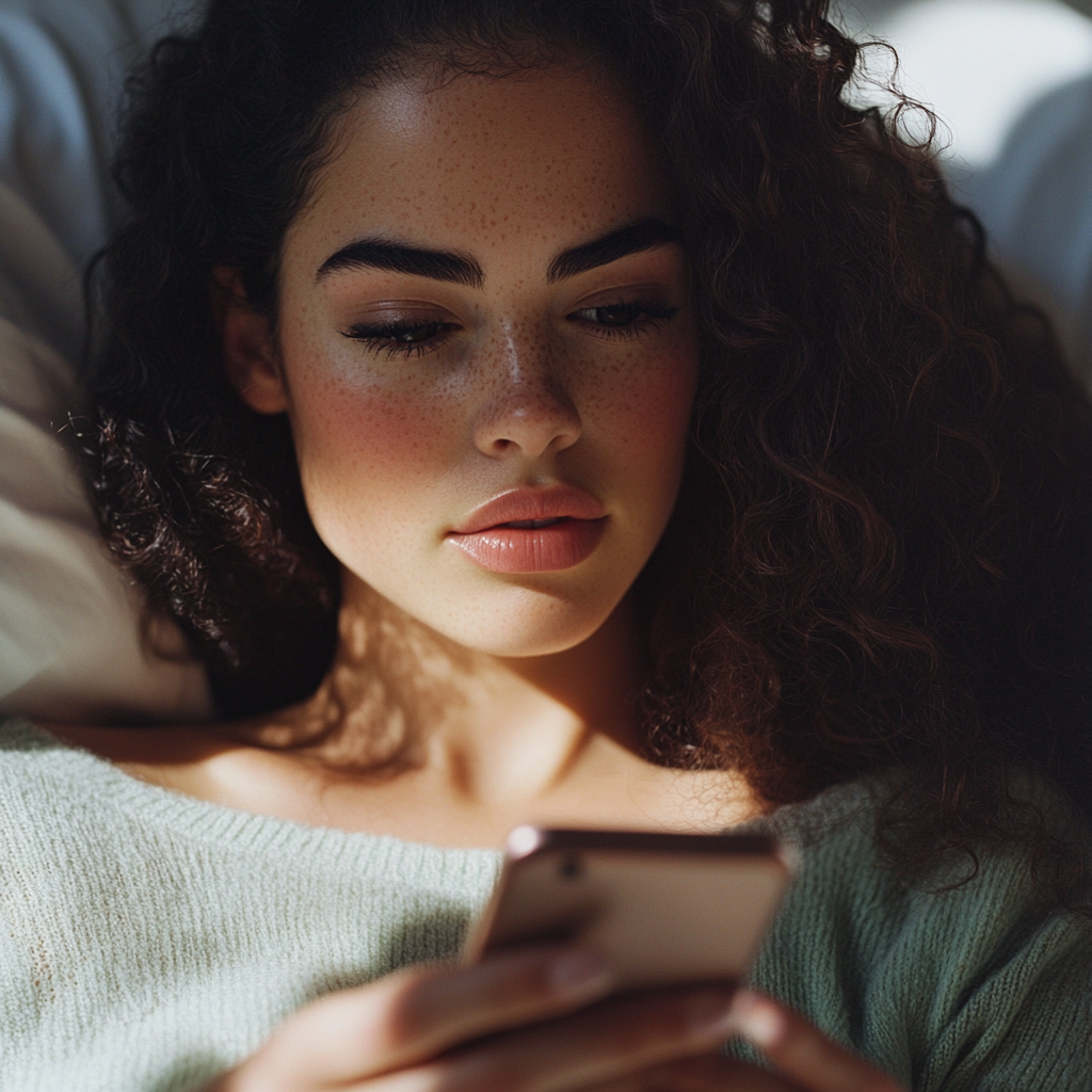 A woman lying on her bed and using her phone | Source: Midjourney