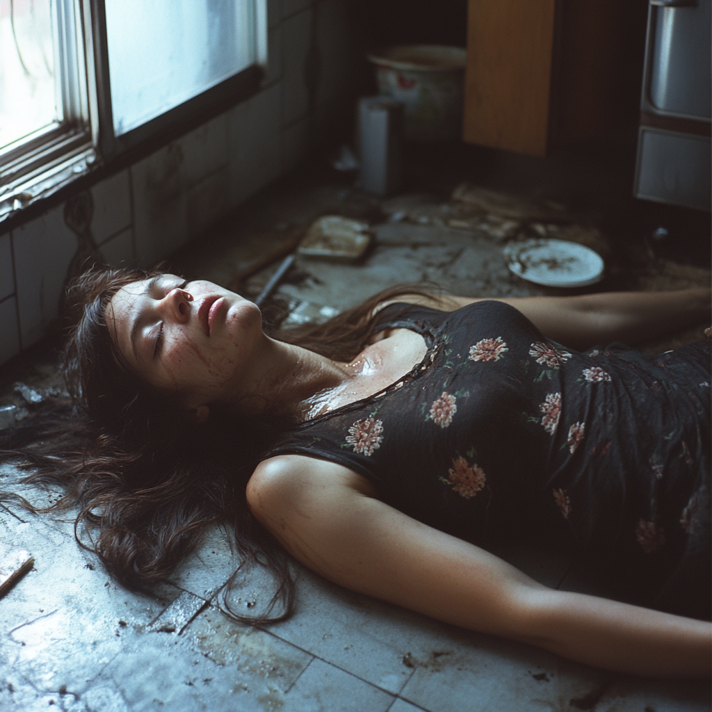 An injured woman lying on the floor | Source: Midjourney