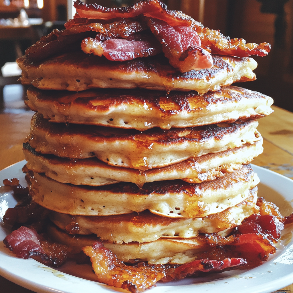 A stack of pancakes with bacon | Source: Midjourney