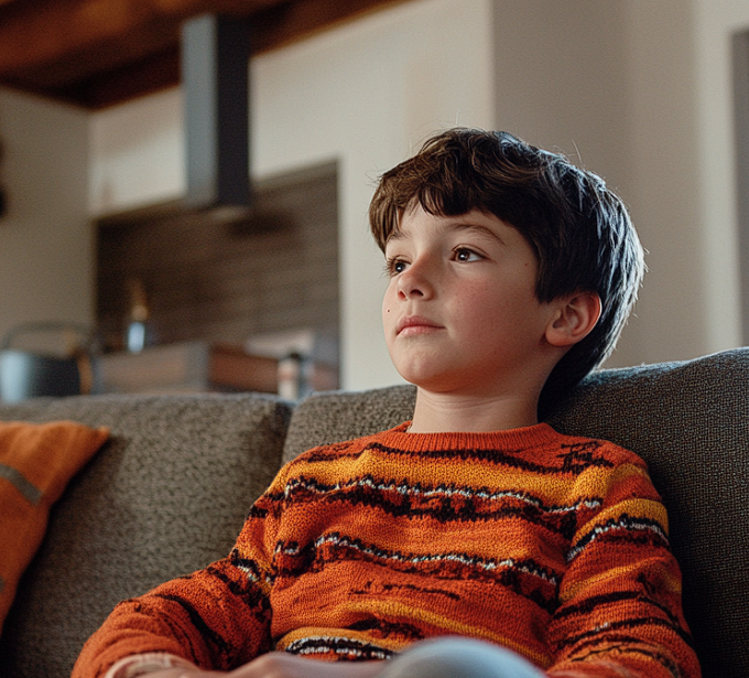 A boy sitting alone on a sofa | Source: Midjourney