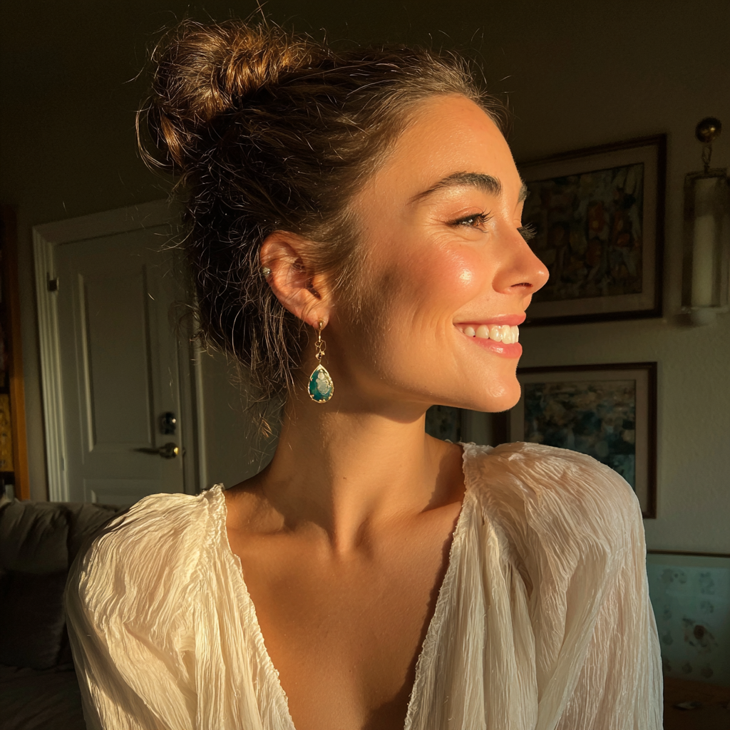 A smiling woman wearing a white dress | Source: Midjourney