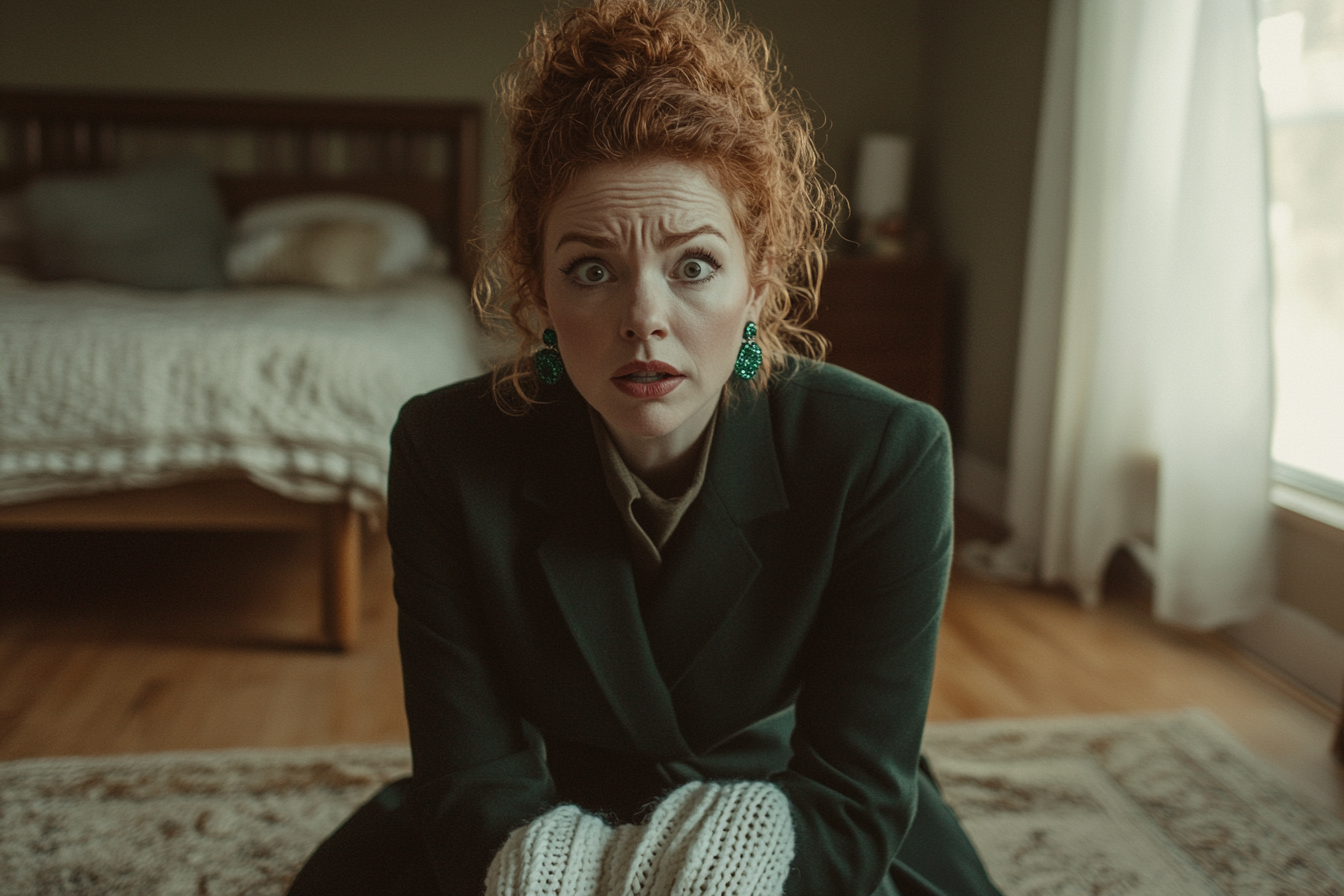 Woman in her 30s sitting on a bedroom floor holding a knitted sweater looking shocked | Source: Midjourney