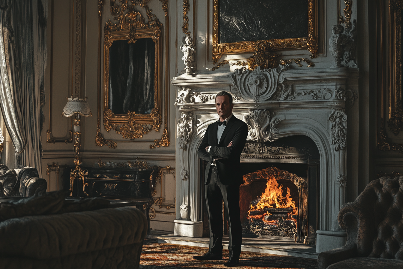 A man standing in front of an ornate fireplace | Source: Midjourney