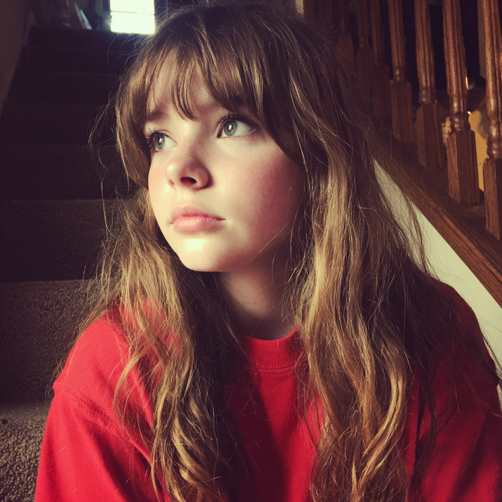A little girl sitting on a staircase | Source: Midjourney