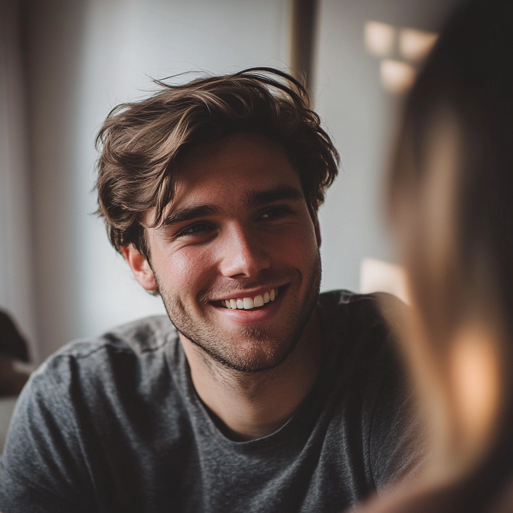 A man grins sheepishly while looking at his wife | Source: Midjourney