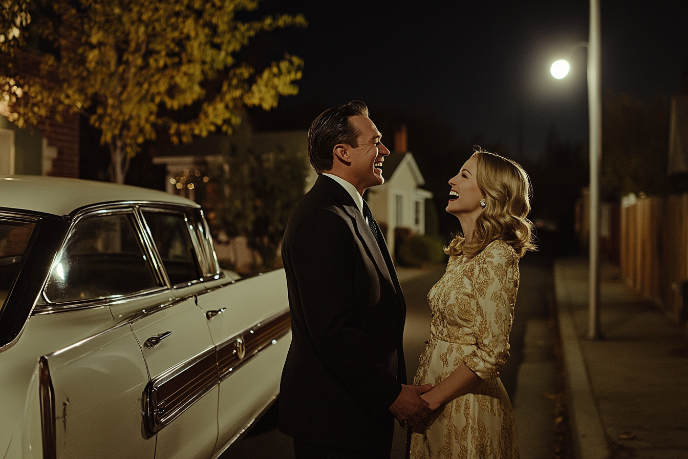 An elegant man and woman laughing next to a luxurious classic white sedan in a modest neighborhood | Source: Midjourney