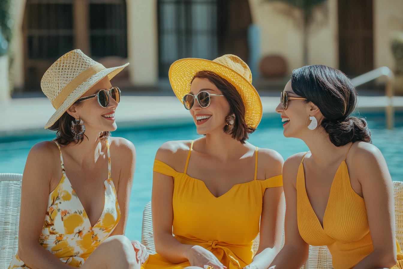 Elegant women laughing by the pool | Source: Midjourney