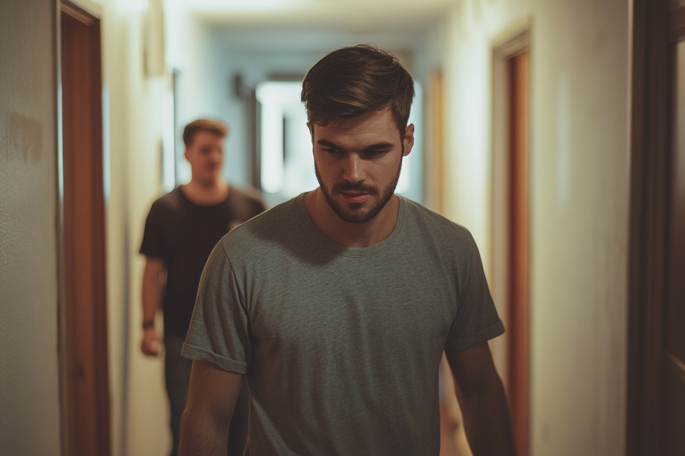 Two men walking down an apartment building corridor | Source: Midjourney