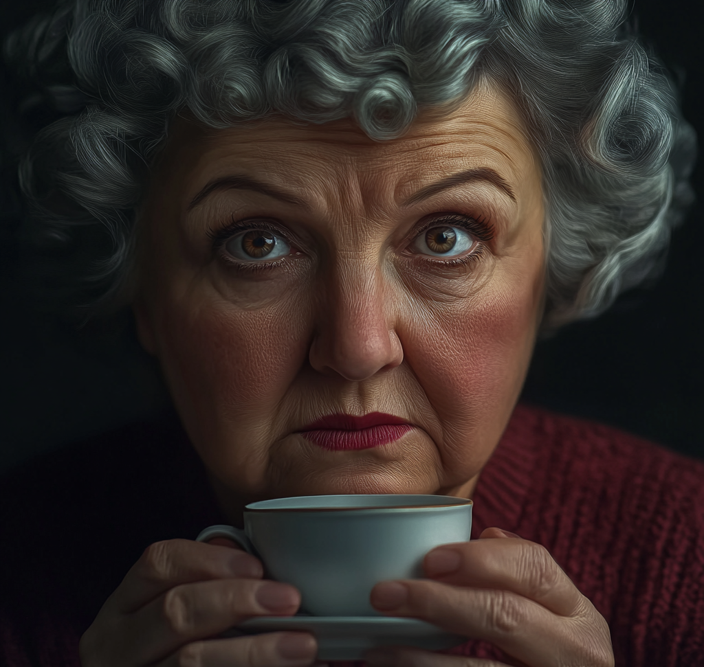 An emotional older woman holding a teacup | Source: Midjourney