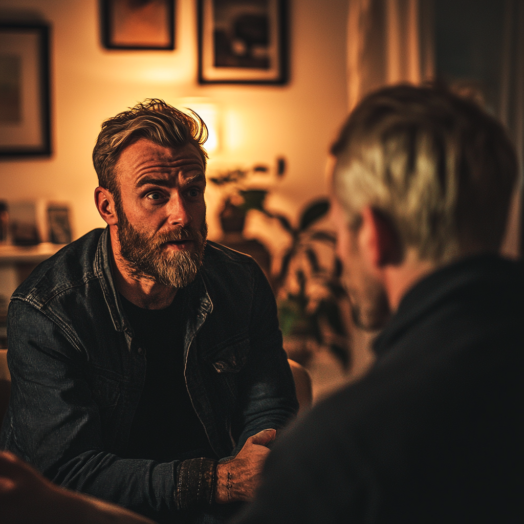 A serious man talking to another man in a living room | Source: Midjourney