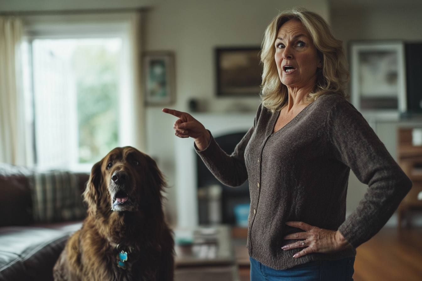 A woman pointing at a big dog | Source: Midjourney