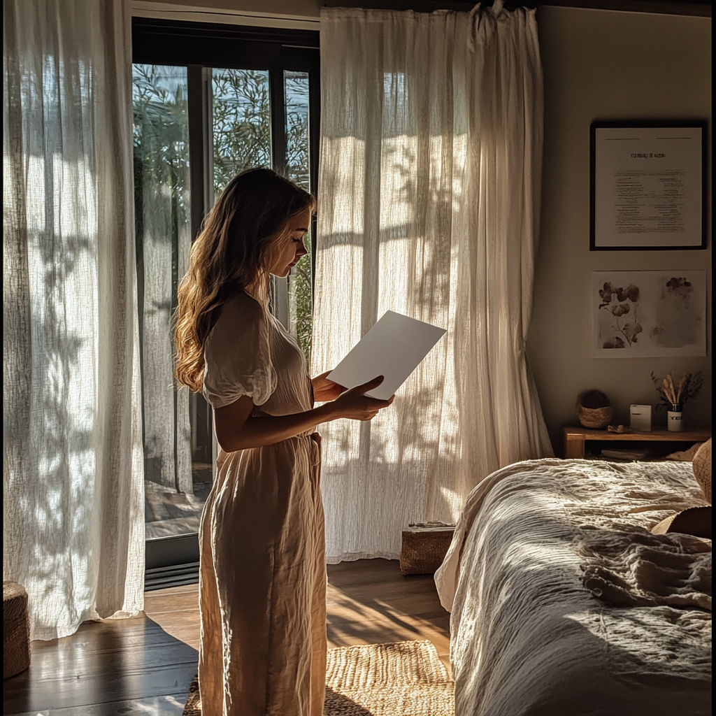 Woman holding a white envelop | Source: Midjourney