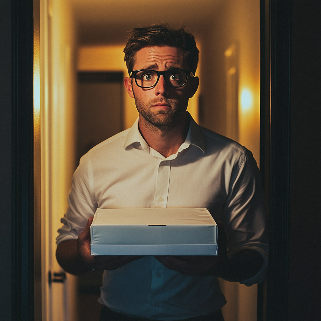 A man holding a cake box | Source: Midjourney