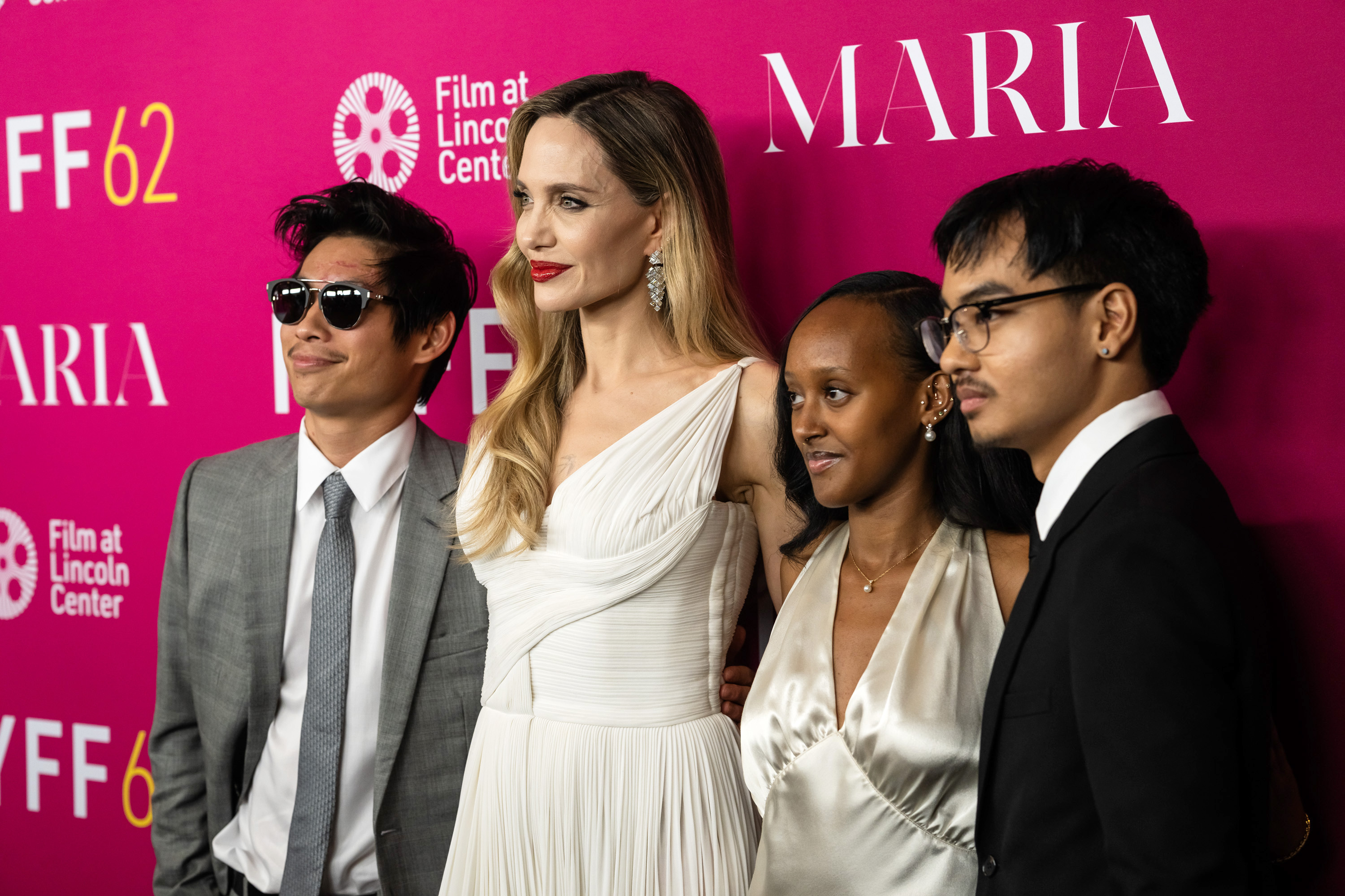 Pax Thien Jolie-Pitt, Angelina Jolie, Zahara Marley Jolie and Maddox Chivan Jolie-Pitt attend the "Maria" Premiere during the 62nd New York Film Festival at Alice Tully Hall on September 29, 2024 in New York City. | Source: Getty Images