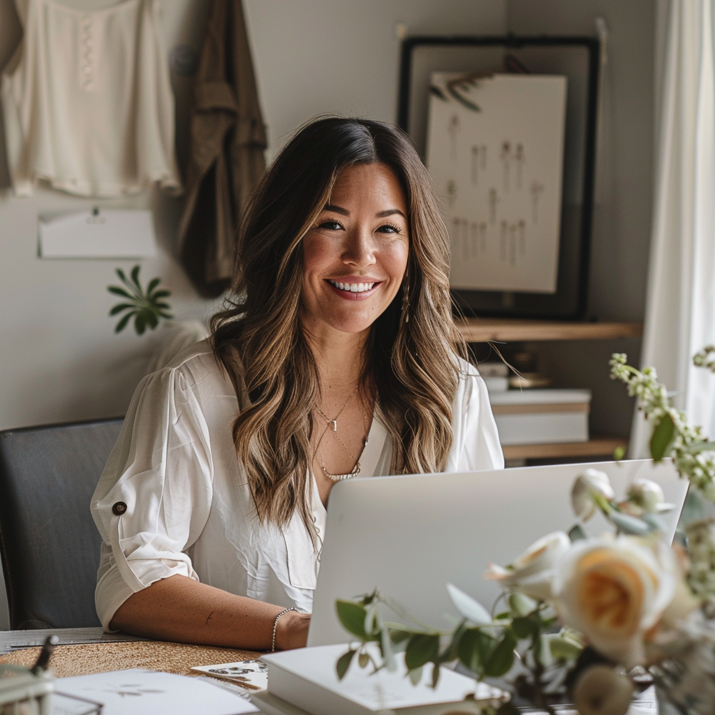 A smiling woman sitting at her desk | Source: Midjourney