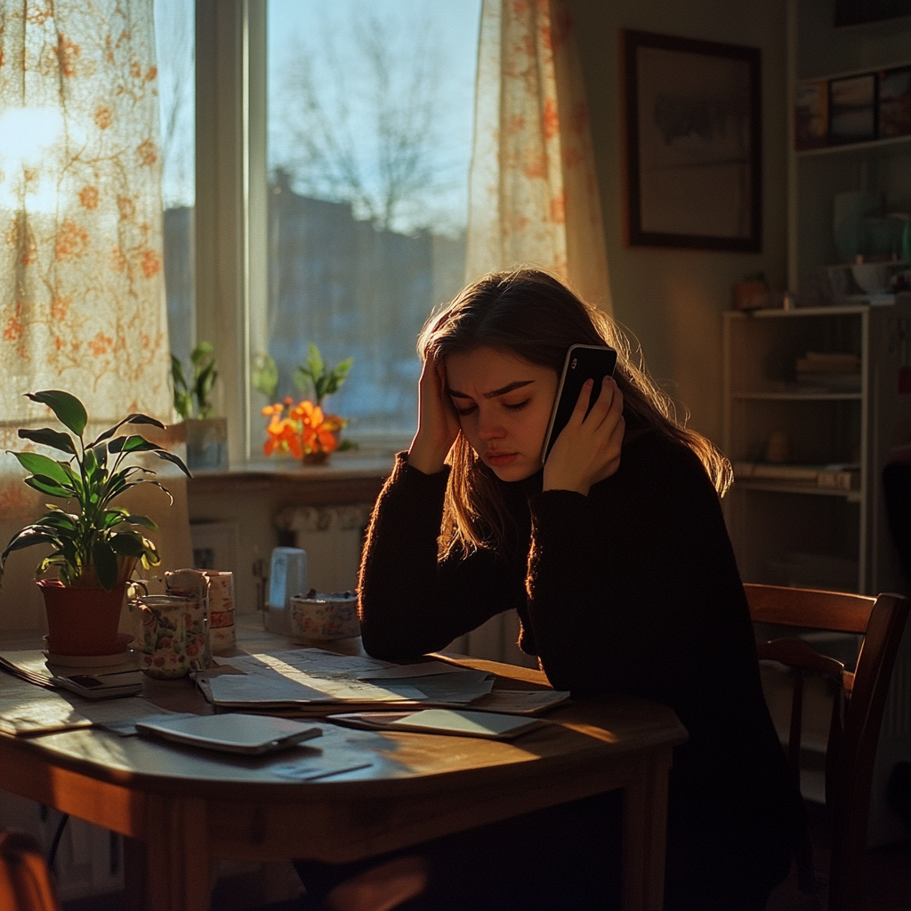 Sad woman talking on phone | Source: Midjourney