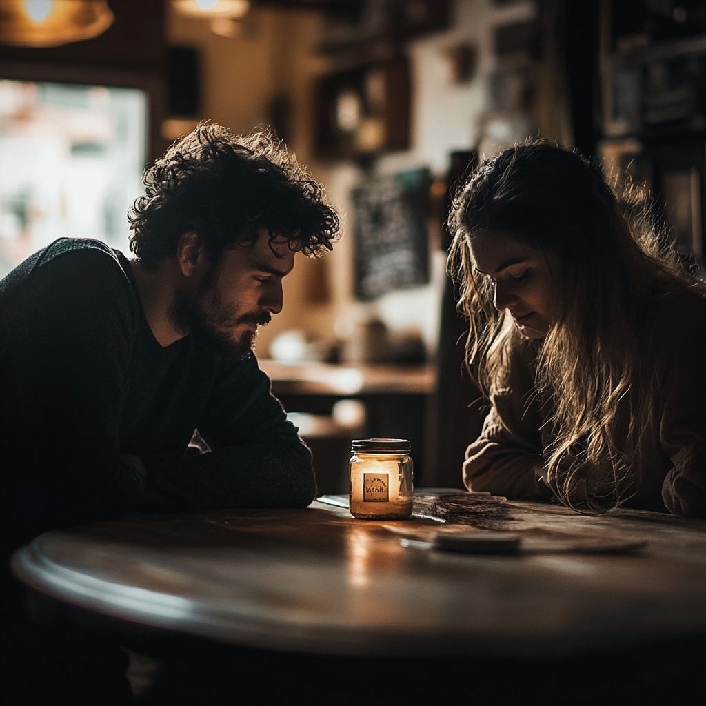 A couple with a small jar between them | Source: Midjourney