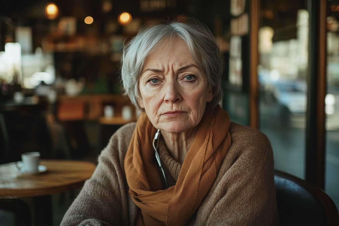 An older woman in a coffee shop, looking sick and fragile | Source: Midjourney