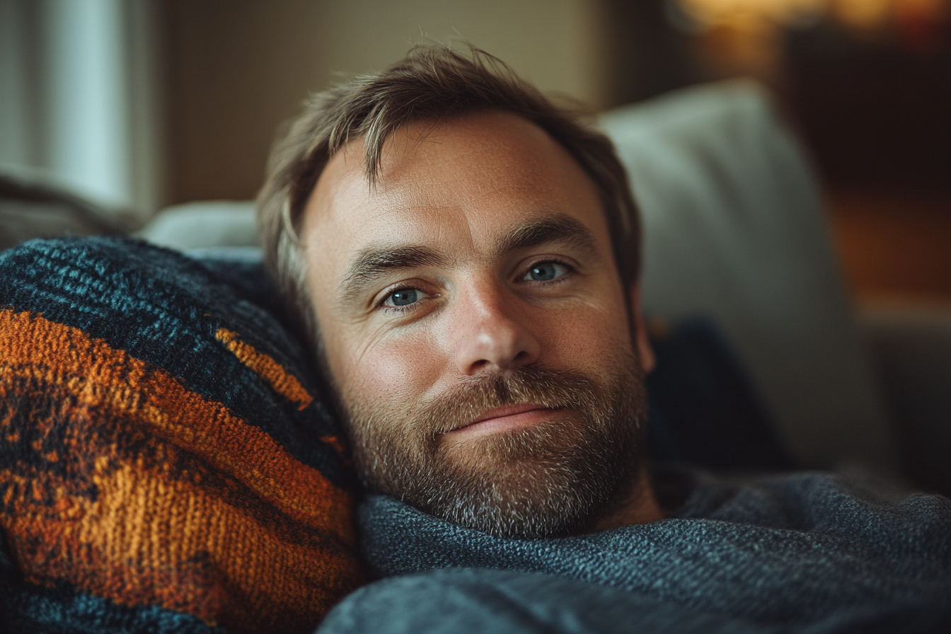 A man with a playful grin, relaxing on the couch | Source: Midjourney