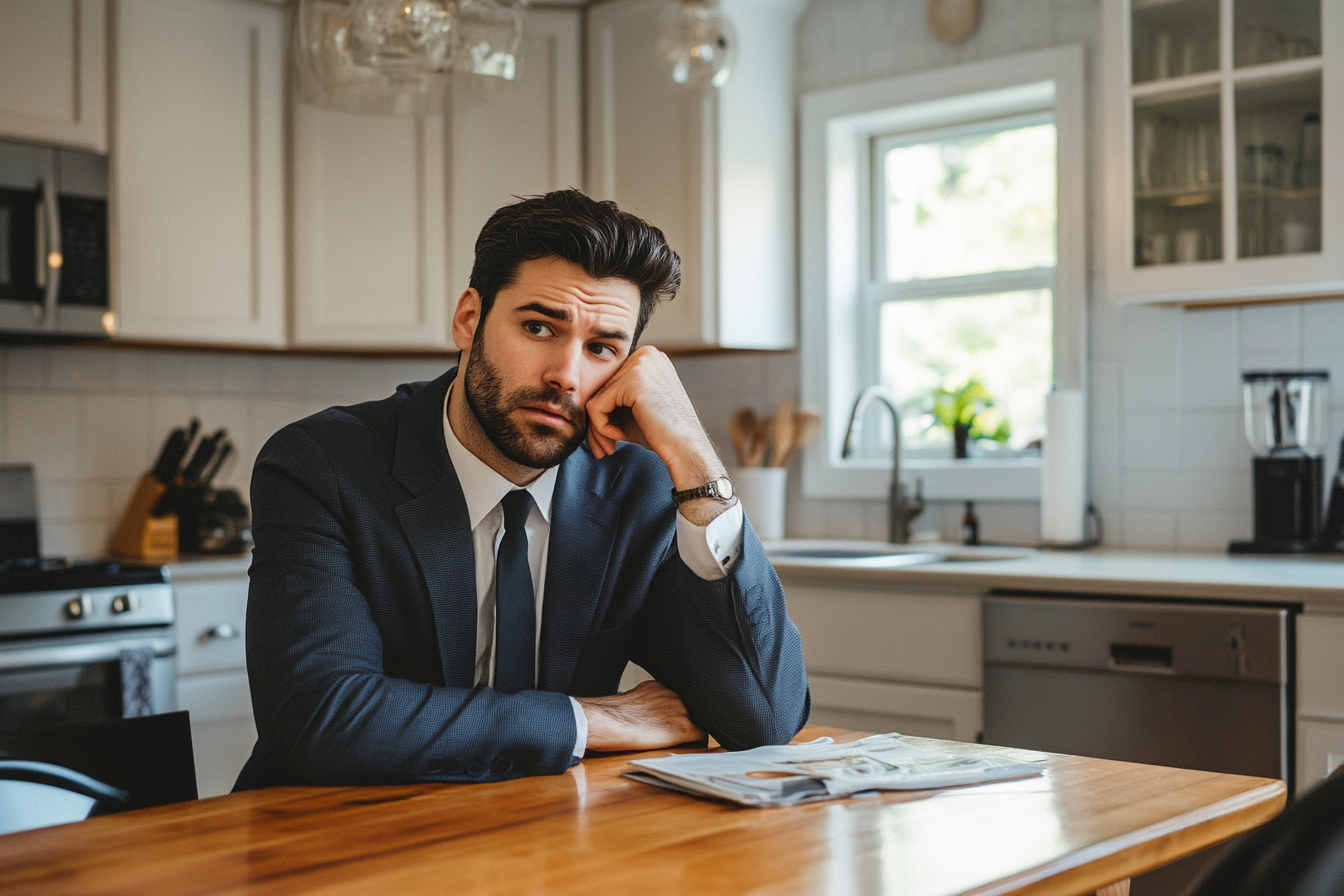 Un homme confus assis à une table de cuisine | Source : Midjourney