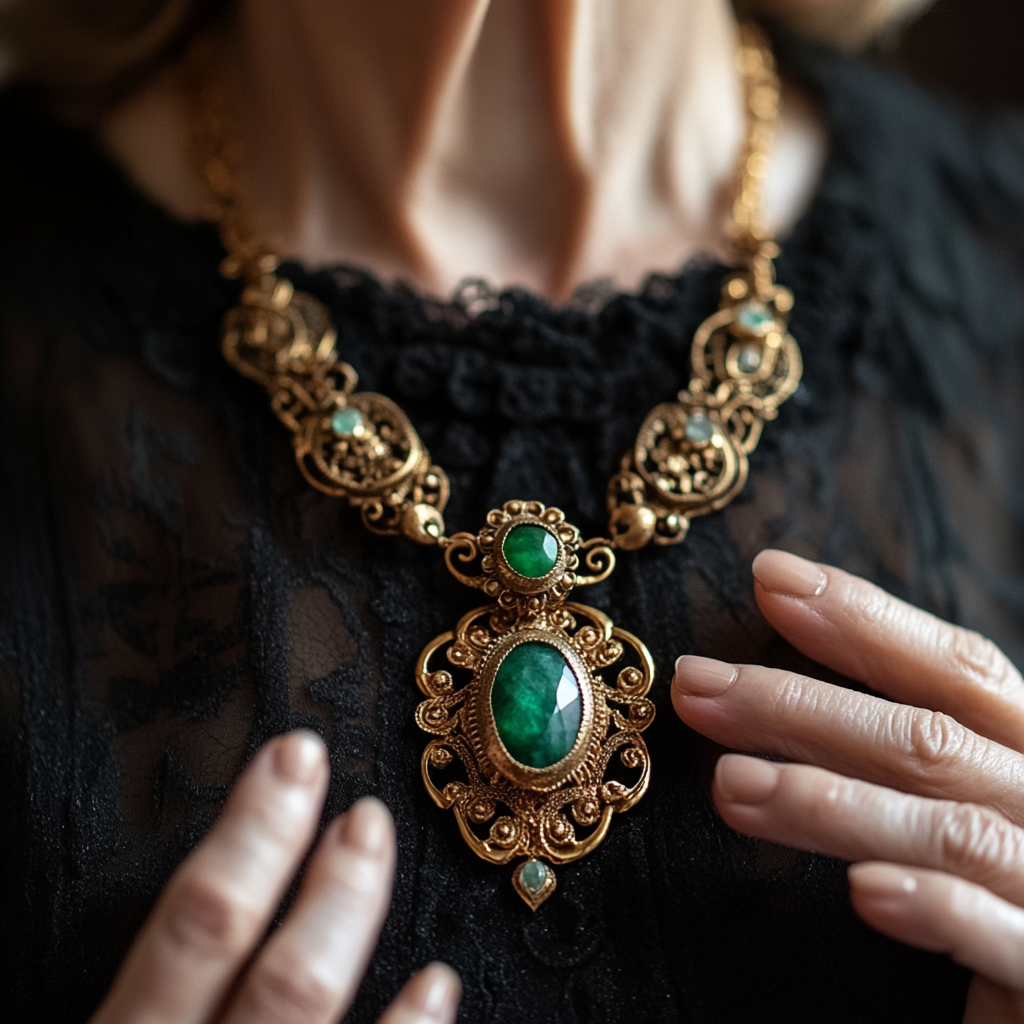 A woman touching a necklace she's wearing | Source: Midjourney