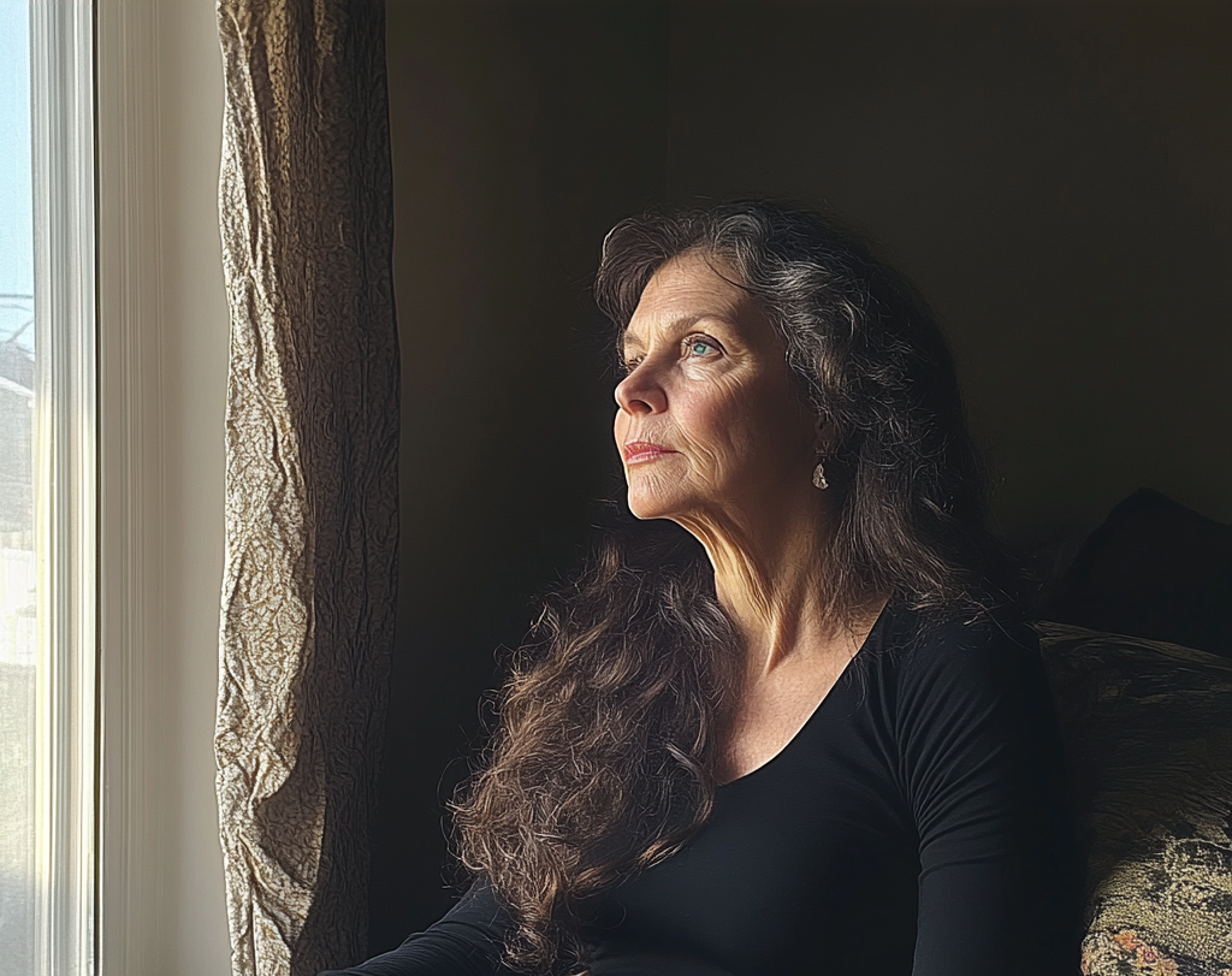 An older woman looking out of a window | Source: Midjourney
