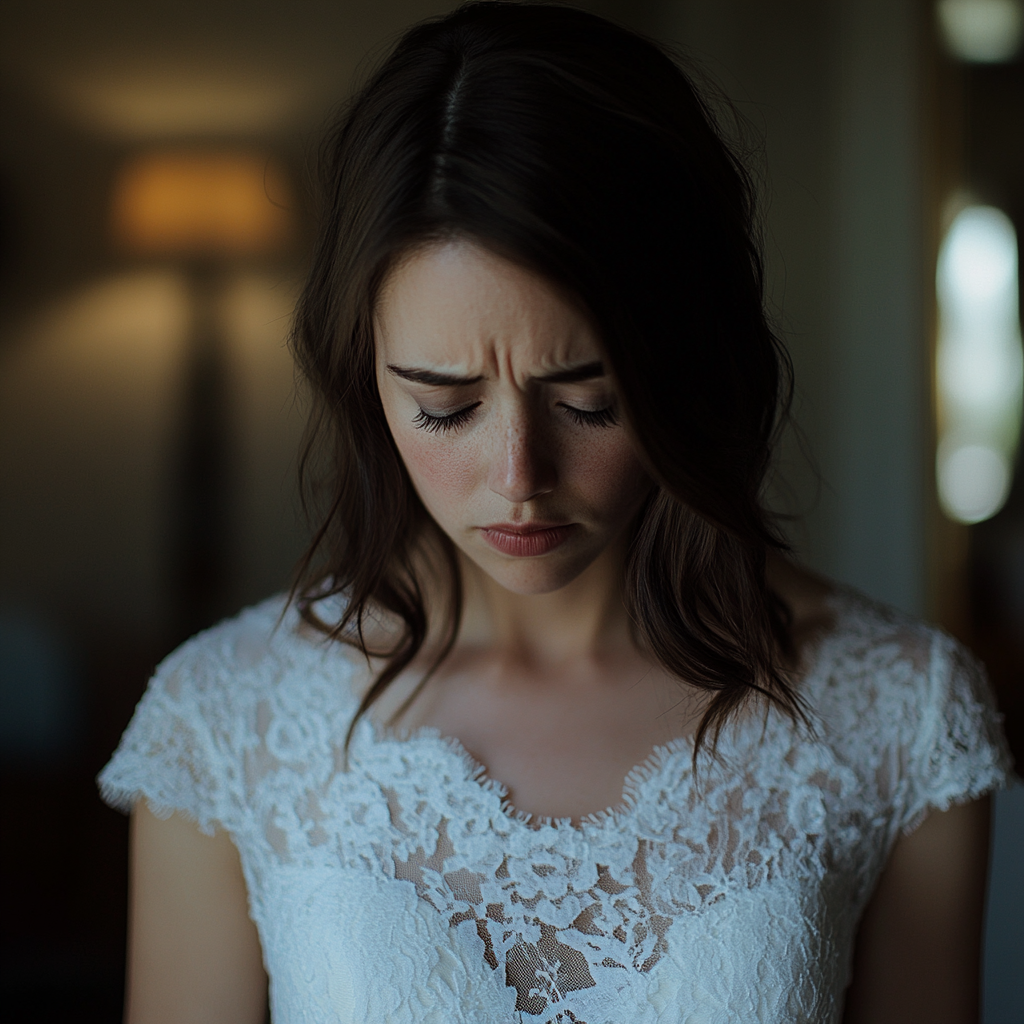 An upset bride standing in a bridal suite | Source: Midjourney