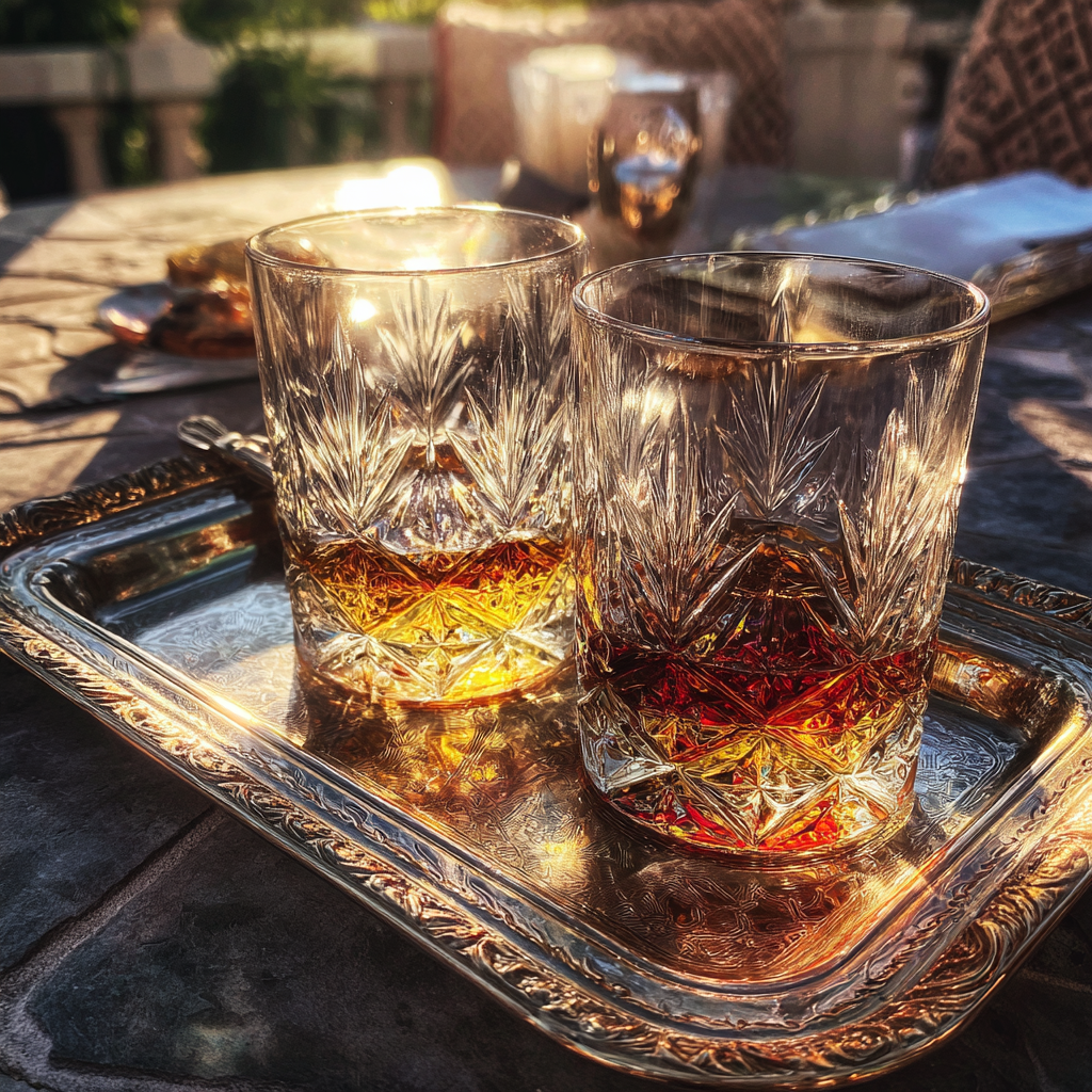 Glasses of whiskey on a silver tray | Source: Midjourney