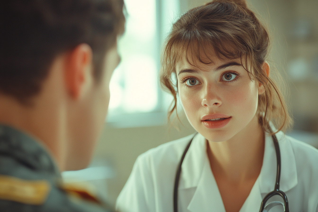 Une médecin discute avec un officier militaire | Source : Midjourney