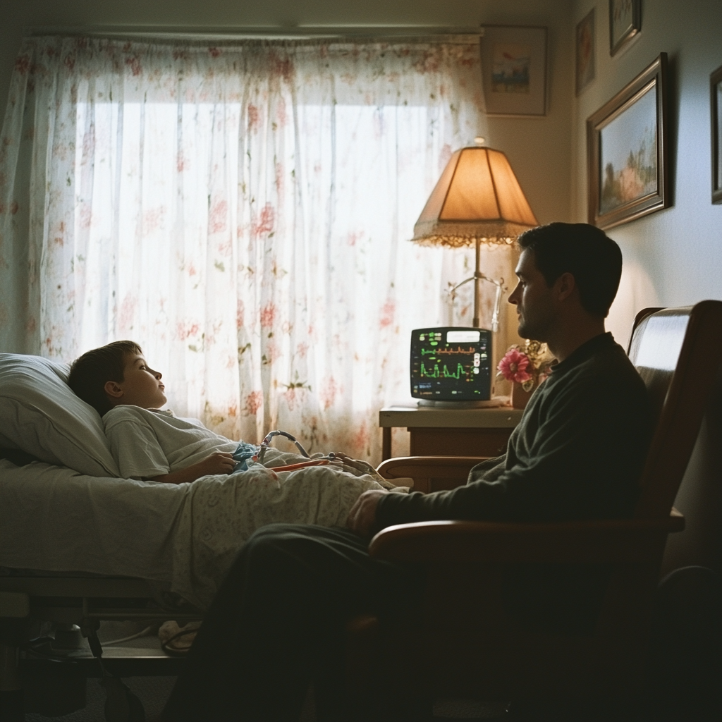 A father with his ailing son | Source: Midjourney