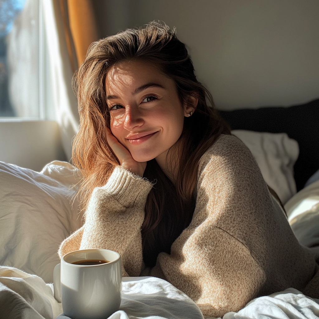 Femme prenant un café assise sur son lit | Source : Midjourney