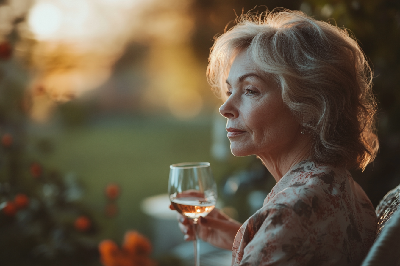 Femme âgée plongée dans ses pensées, tenant un verre de vin | Source : Midjourney