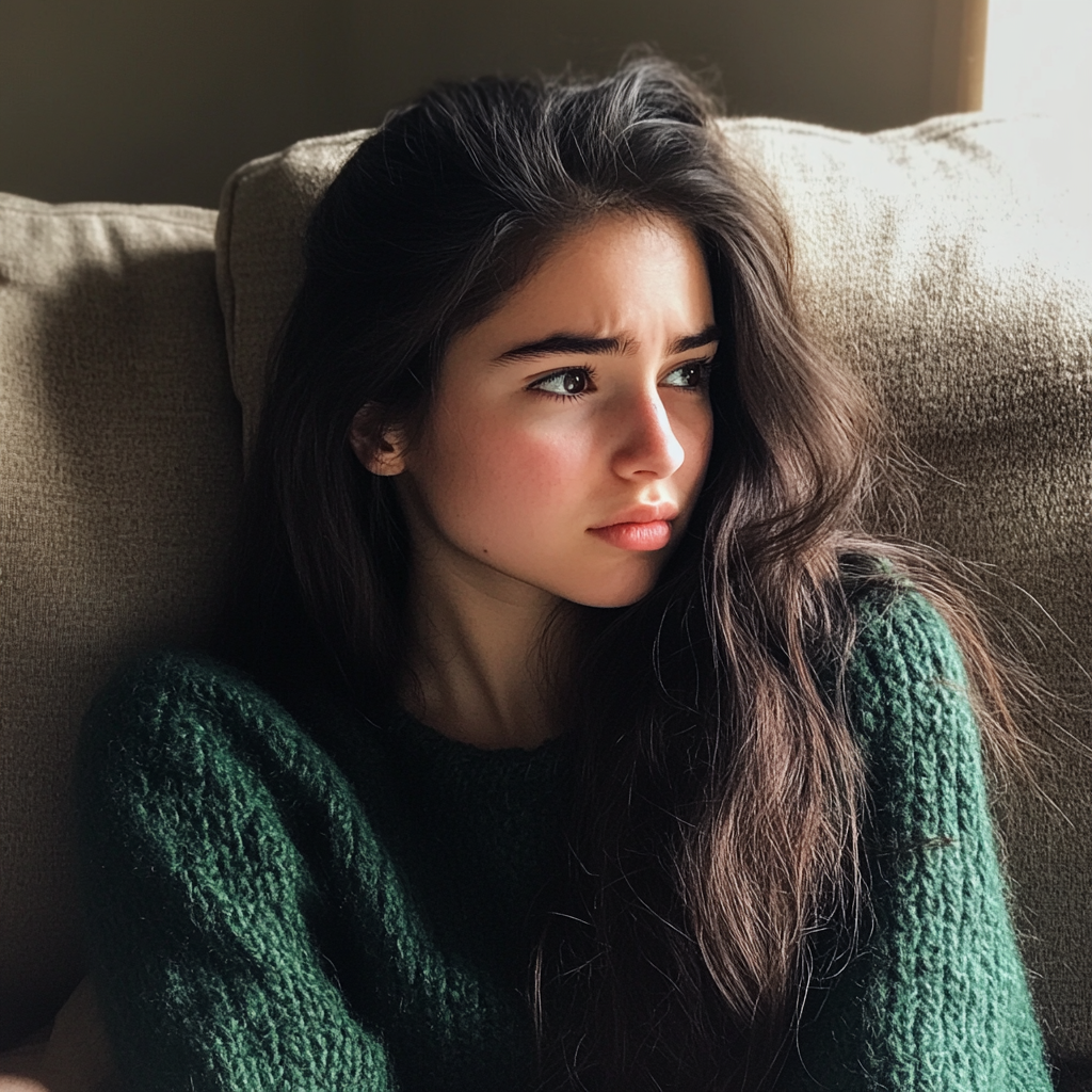 An upset teenage girl sitting on a couch | Source: Midjourney