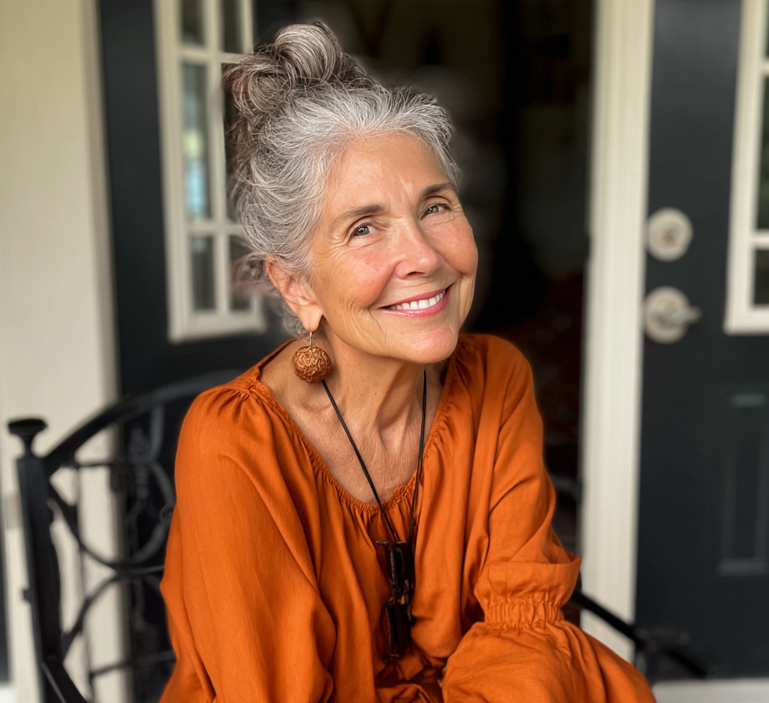 A smiling old woman sitting on a porch | Source: Midjourney