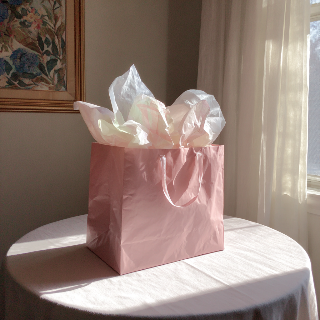 A pink giftbag on a table | Source: Midjourney