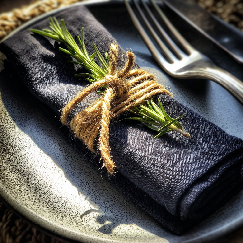 Folded napkins with sprigs of rosemary | Source: Midjourney