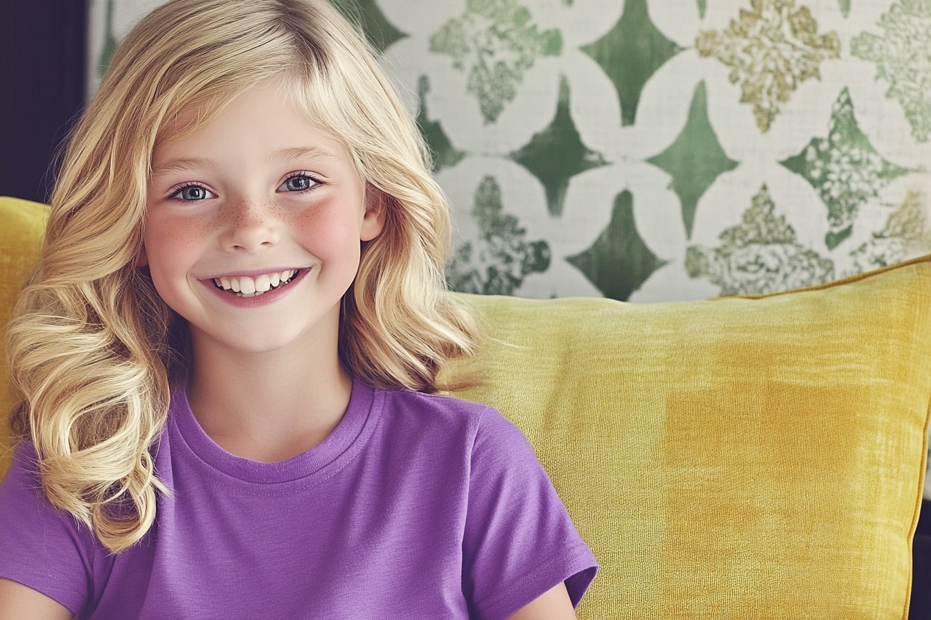 A smiling girl sitting on a sofa | Source: Midjourney