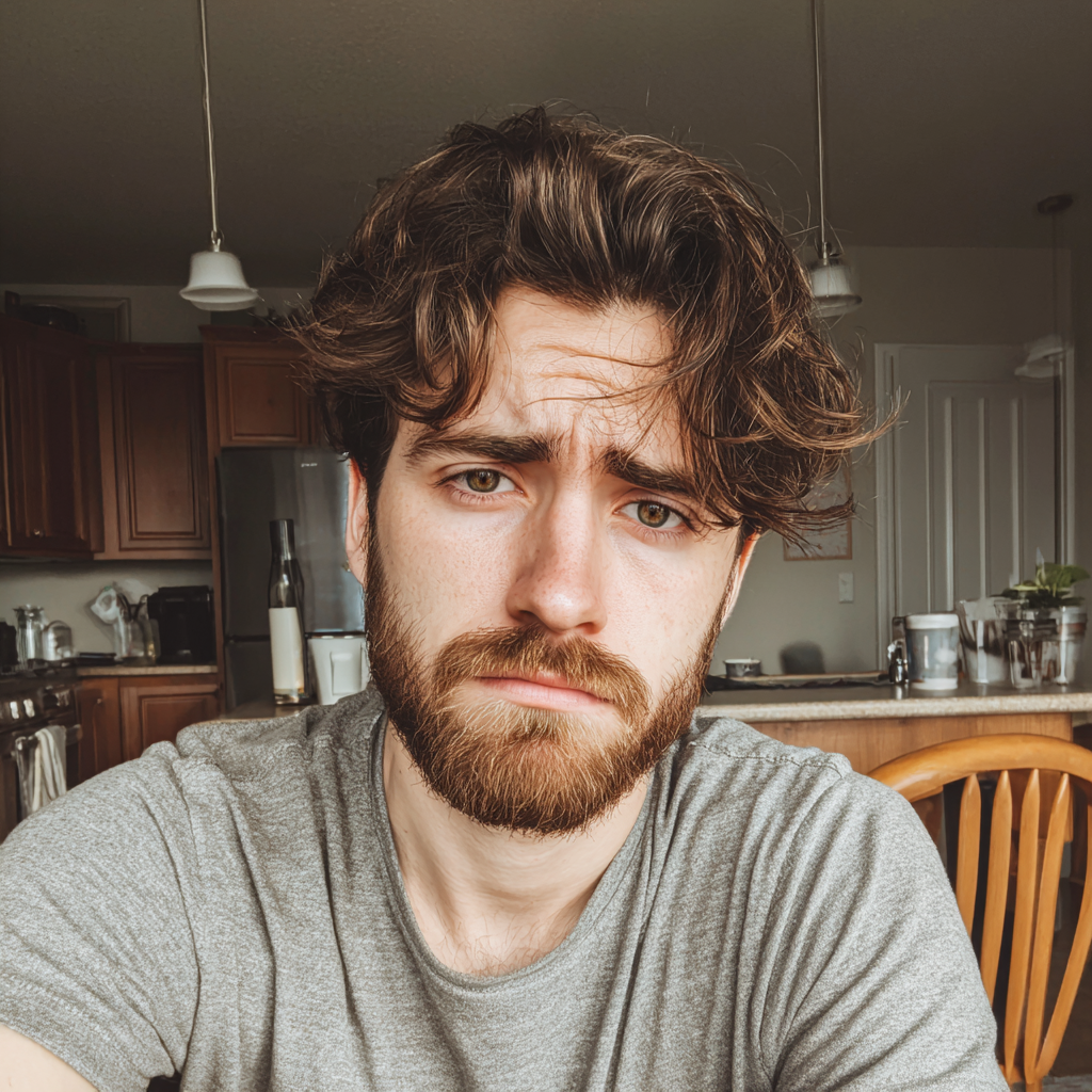 A frowning man sitting at a kitchen table | Source: Midjourney